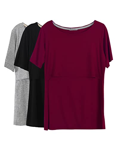 Smallshow Stillshirt Umstandstop T-Shirt Überlagertes Design Umstandsshirt Schwangerschaft Kleidung Mutterschafts Kurzarm Shirt,Black/Grey/Wine,2XL