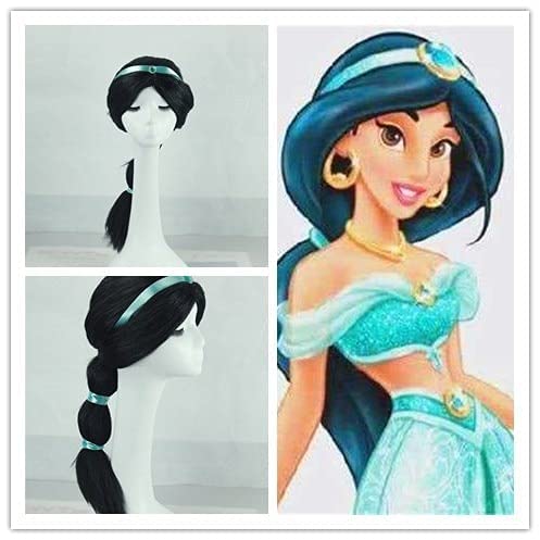 Kinder Mädchen Aladdin und die magische Lampe Prinzessin Jasmin Cosplay Perücke Mädchen Schwarz Lange Perücke Zopf Rollenspiel Kostüme
