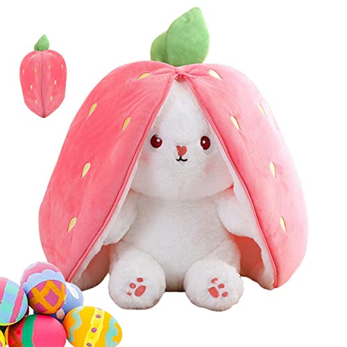 OOTDAY Easter Bunny Stuffed Animal Plushie,Hide and Seek Bunny Plush Toy,Cute Rabbit Plush Toys,Floppy Ear Reversible Bunny Hide-and-Seek Bunny Carrot Pillow Plush-Strawberry Rabbit||35cm