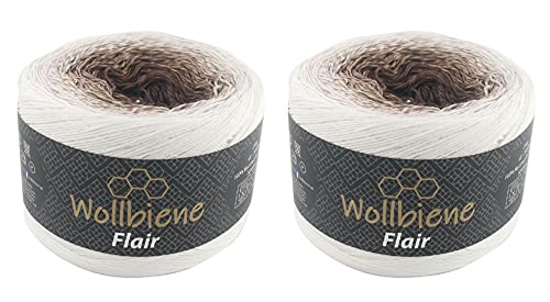 Wollbiene Flair Cotton 2x250g Bobbel Wolle Farbverlauf, 100% Baumwolle, Bobble Strickwolle Mehrfarbig (991 weiß braun)