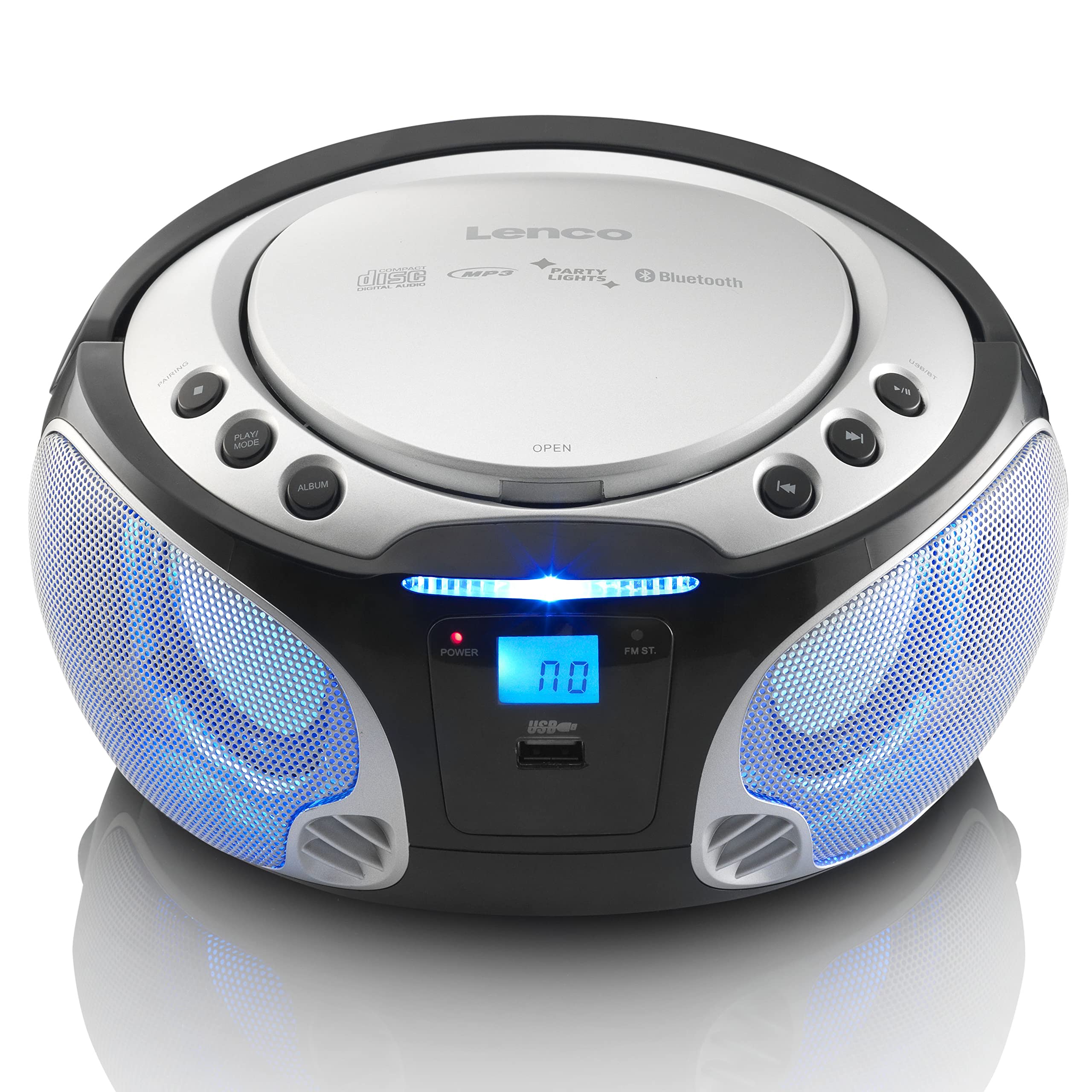 Lenco SCD-550 - CD-Player für Kinder - CD-Radio - Stereoanalage - Boombox - MP3 und USB Player - Bluetooth - 2 x 2 W RMS-Leistung - Party Lights - Silber