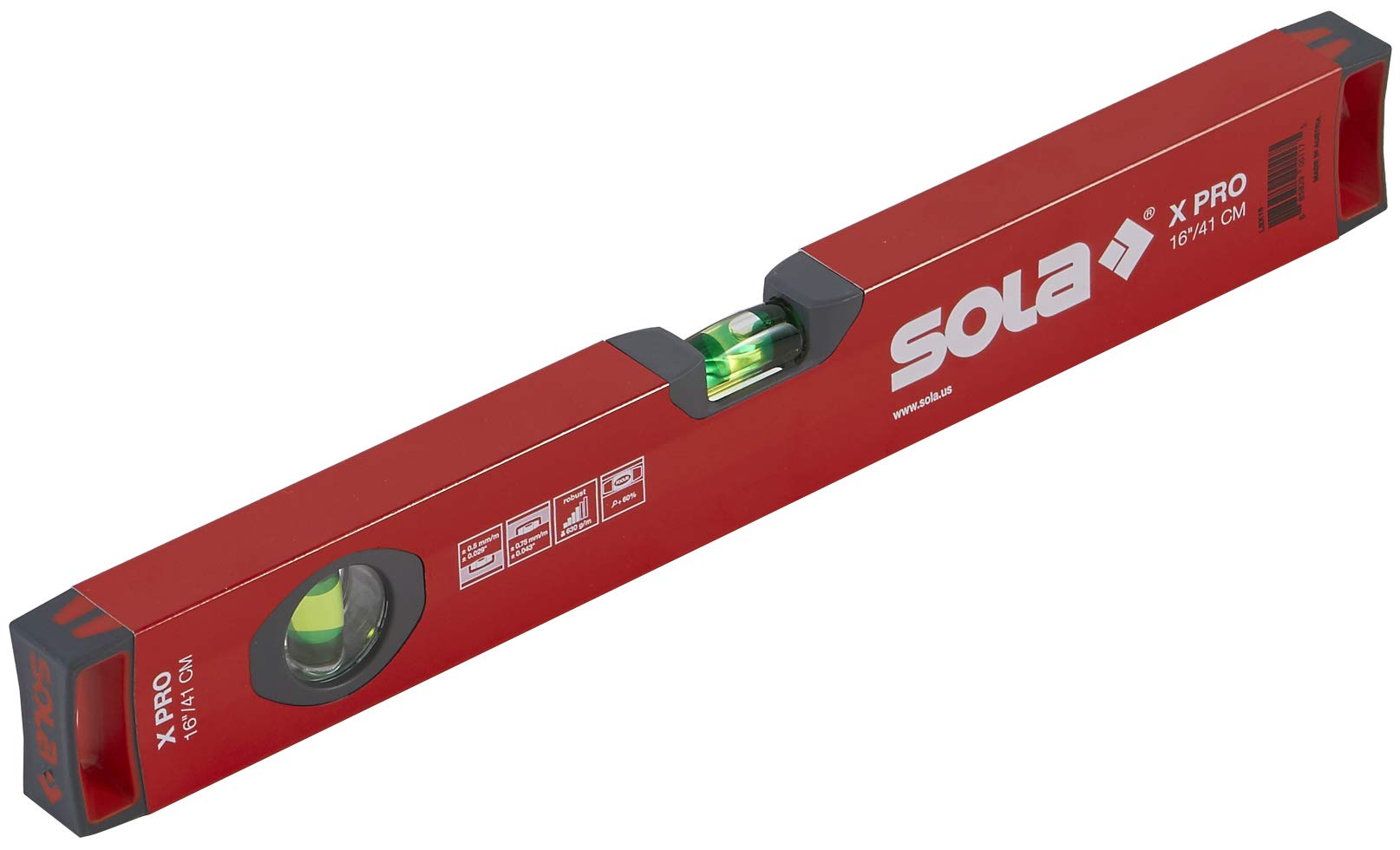 SOLA LSX16 X PRO Aluminiumbox Profil Wasserwaage mit 2 60% vergrößerten Phiolen, 40,6 cm, rot