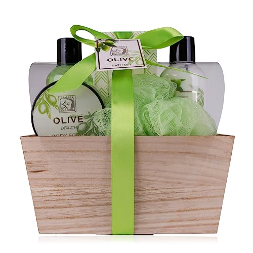 Accentra - Duschset Frauen Geschenkset OLIVE in schöner Holzbox - 5-teiliges Pflegeset mit Duschgel, Bodylotion, Badesalz, Körperpeeling und Netzschwamm - Wellness Geschenk Set zum Geburtstag