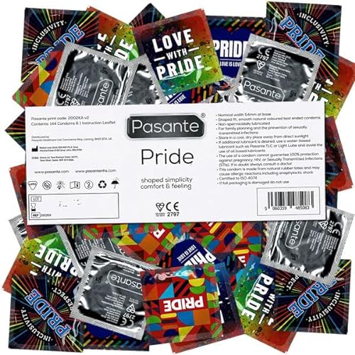 Pasante Pride 144 Motiv-Kondome, Kondome für Männer - Gaypride, LGBT, Regenbogen - Vorratspackung, bedruckte Siegelfolien