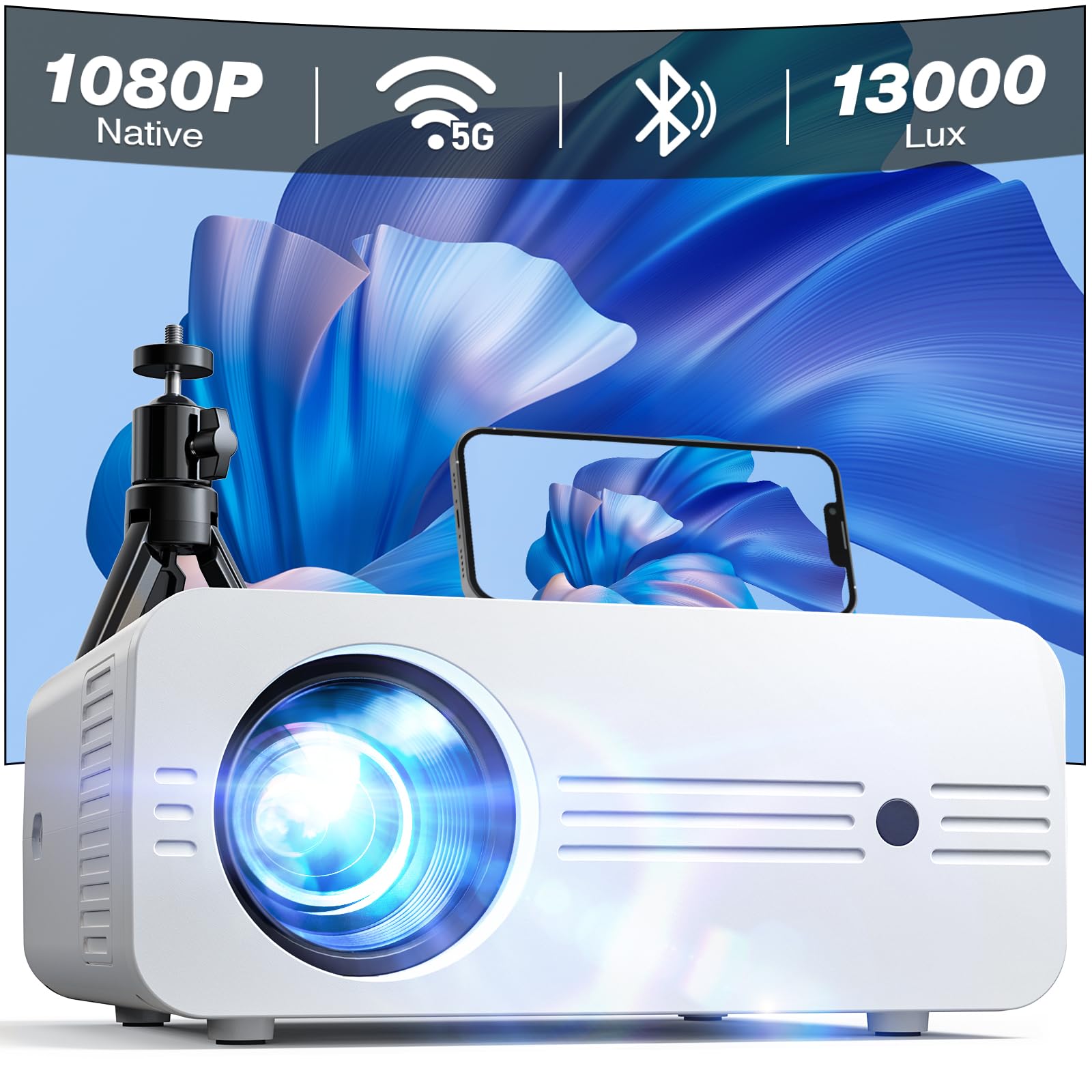 Beamer, 13000 Lux Full HD 1080P 4K Unterstützt, iZEEKER Beamer Handy 5G WiFi Bluetooth, Mini Projektor 300” Heimkino Kompatibel mit iOS Android HDMI TV Stick PS5 (Tasche & Stativ Inklusive)