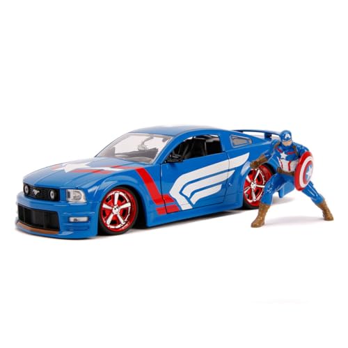Jada Toys 253225007 Marvel, 2006 Ford Mustang GT, Spielzeugauto, Türen, Kofferraum, Motorhaube zum Öffnen, inkl. Die-cast Captain America Figur, Maßstab 1:24, blau