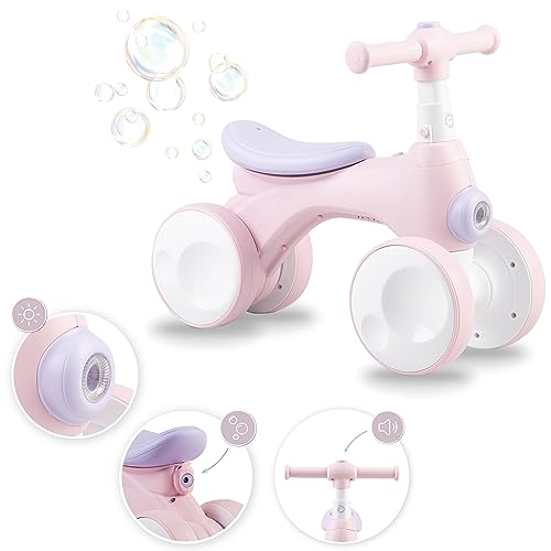 MoMi Kinderlaufrad TOBIS für Mädchen und Jungen (max. Körpergewicht 20 kg), Lauf-Vierrad mit Hupe, Leuchte, pannensicheren Kunststoffrädern und Seifenblasen-Anlage Rosa