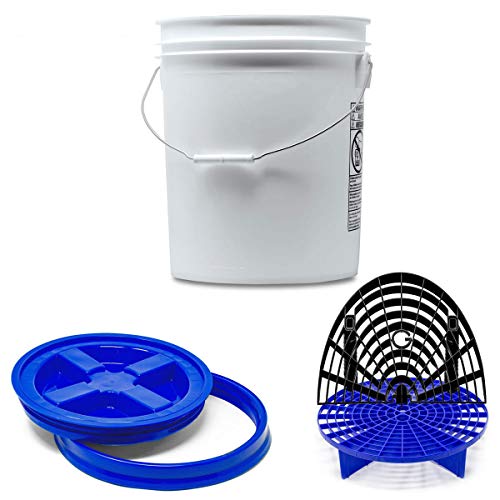 Detailmate professionelles Wasch Eimer Set: Magic Bucket Wascheimer 5 GAL (ca. 20 Liter), Gamma Seal Eimerdeckel blau, GritGuard Schmutz Einsatz blau, GritGuard Washboard schwarz