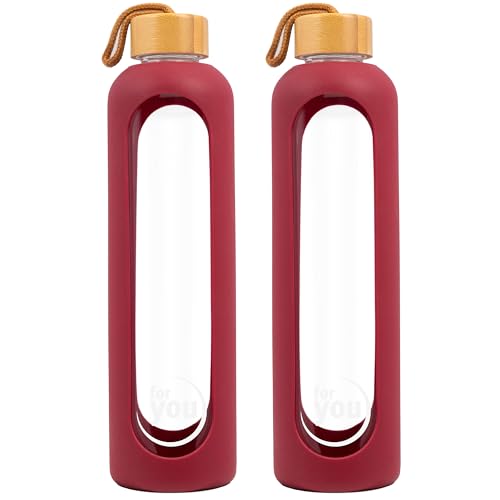 for you Nachhaltige Trinkflasche | 1000ml aus Glas mit Silikonhülle & spülmaschinenfest | 1Liter Auslaufsichere Wasserflasche mit Bambusdeckel | geeignet von -20°C – 150°C (Doppelpack Red Berry)