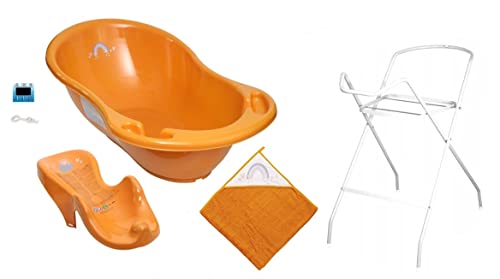 4er Set Baby-Badewanne Set ergonomische Babywanne 86 cm mit Abfluss Thermometer + Ständer Gestell + Badesitz Badewannensitz + Baby-Badetuch 80x80 (4er Set, Orange)