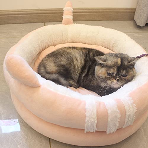 Baodaner Weiches Plüsch-Katzenbett, waschbar, warm, rund, für kleine Hunde, mit Kissen, niedliche Ohren und Schwanz, 50 x 50 cm, Rosa