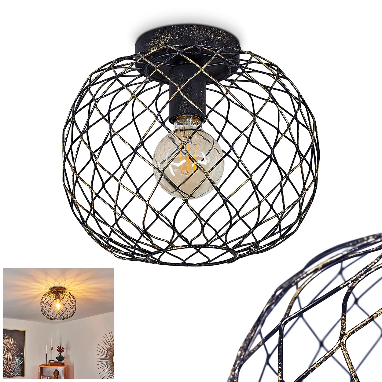 Deckenleuchte Nordslesvig, moderne Deckenlampe aus Metall in Gold/Schwarz, Leuchte in Gitter-Optik, 1-flammig, 1 x E27, mit Lichteffekt an der Decke, ohne Leuchtmittel