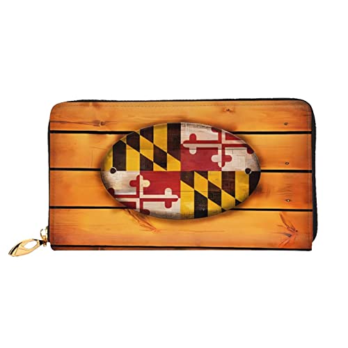 DEHIWI Maryland Flagge Leder Zip Around Geldbörse Frauen Clutch Geldbörse Reise Kartenhalter Tasche Geschenk, Schwarz , Einheitsgröße