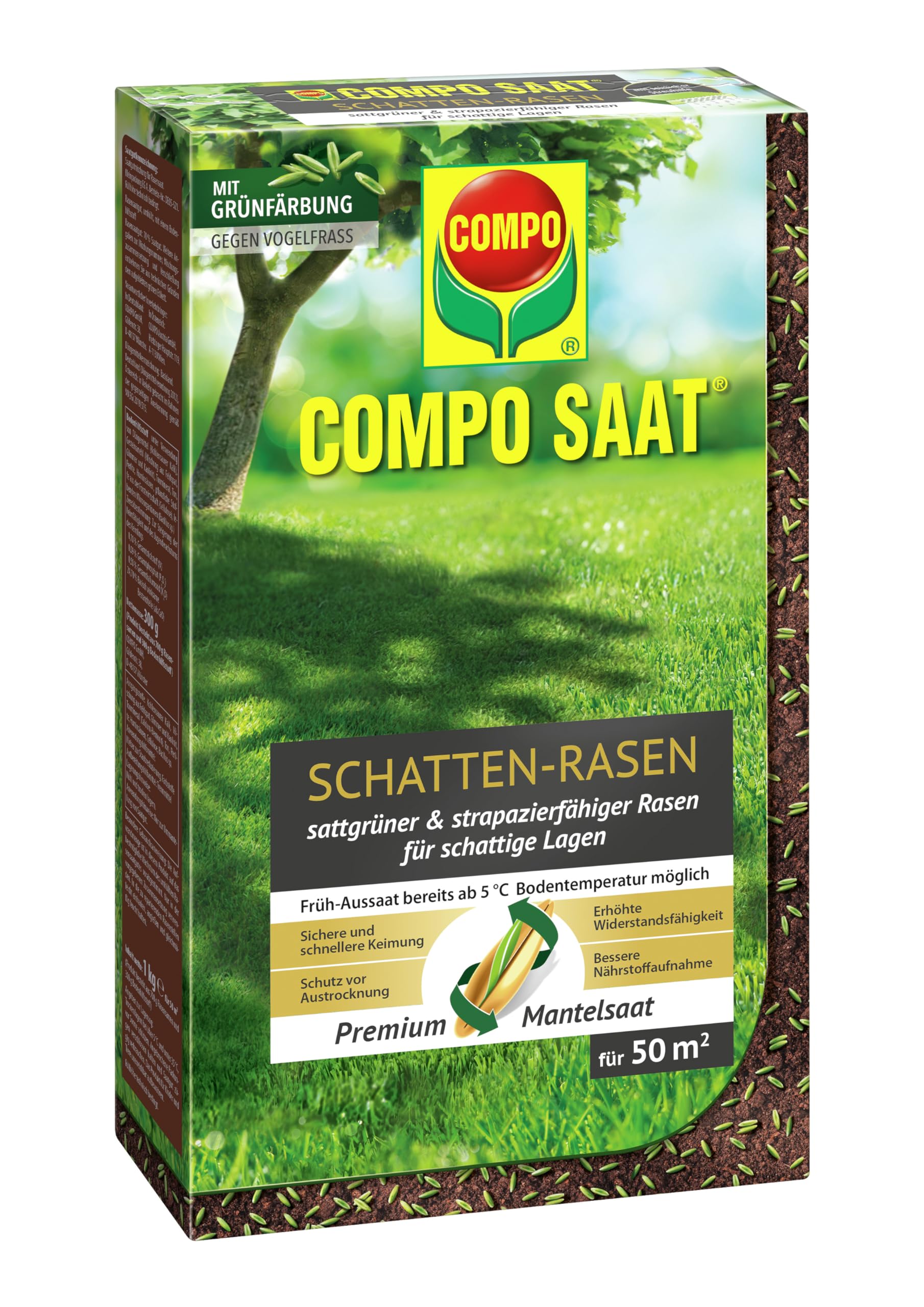 COMPO SAAT Schatten-Rasen, Rasensamen / Grassamen, Spezielle Rasensaat-Mischung mit wirkaktivem Keimbeschleuniger, 1 kg, 50 m²