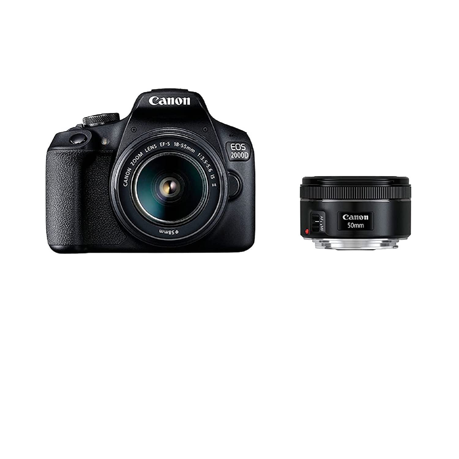 Canon EOS 2000D Spiegelreflexkamera (24,1 MP, DIGIC 4+, 7,5 cm (3,0 Zoll) LCD, Full-HD, WIFI, APS-C CMOS-Sensor) inkl. Objektive EF-S 18-55mm IS II F3.5-5.6 IS II und EF 50mm F1.8 STM, schwarz
