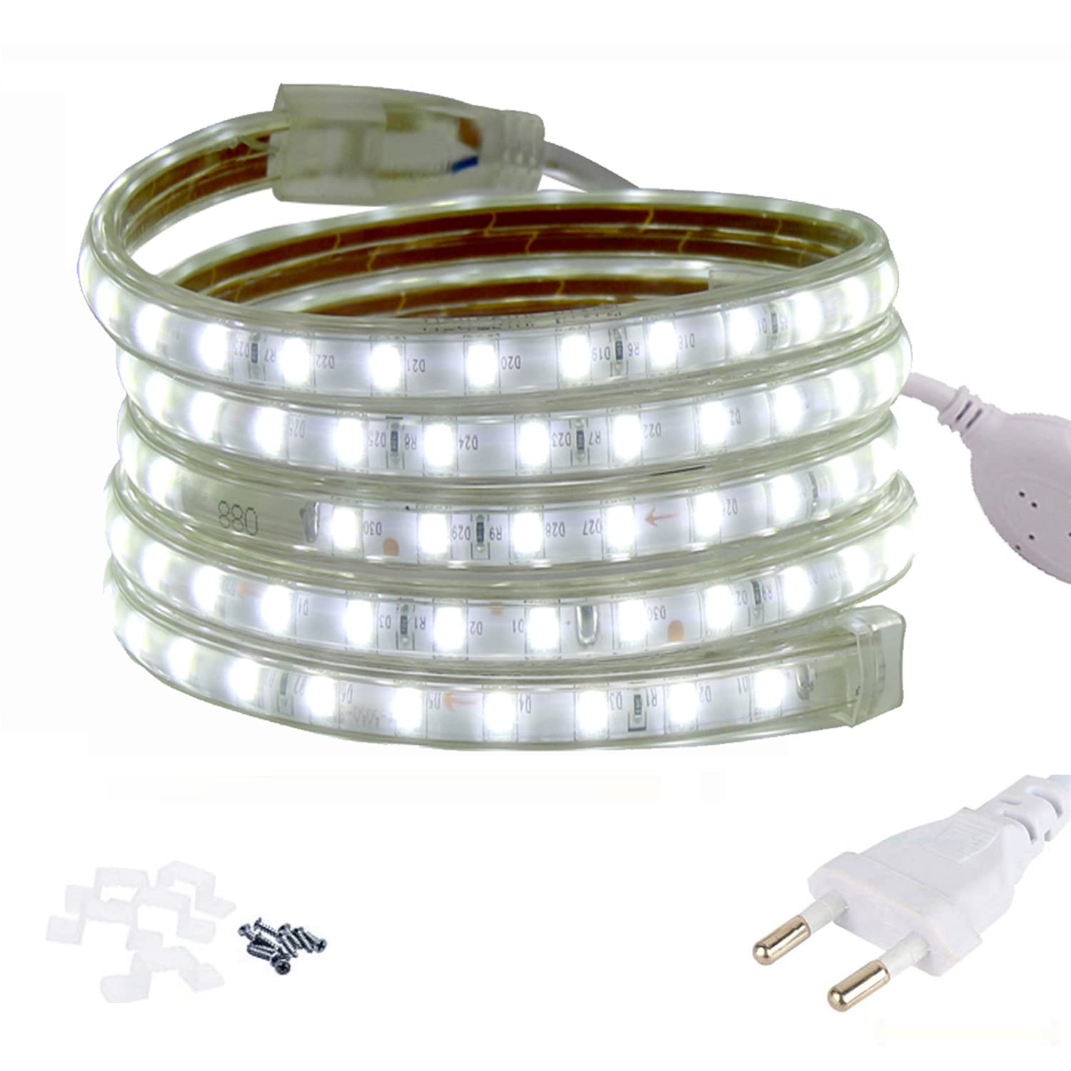 FOLGEMIR 20m Kalt Weiß LED Band, 220V 230V Lichtleiste, 5050 SMD 60 Leds/m Strip, IP65 Lichtschlauch, helle Hintergrundbeleuchtung