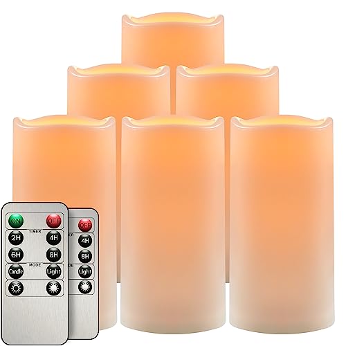 Salipt LED Kerzen mit Timer, LED Kerze Batteriebetrieben Flackernde Flamme, Durchmesser 7.6 cm Flammenlose Kerzen Outdoor Wasserdicht, 6er-Set Weiß, Höhe 10.2 12.7 15.3 17.8 cm