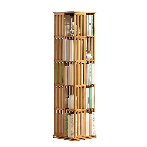amzwkt Um 360° drehbares Bücherregal, Bücherregal aus Bambus, Aufbewahrungsregal, Standregale mit offenem Design, Bücherregal für Wohnzimmer, Arbeitszimmer, Büro (Color : Natural Color - 5 Tier)