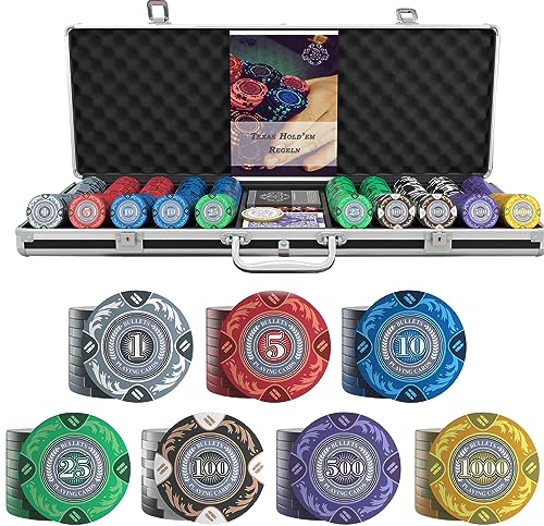 Bullets Playing Cards - Großer Pokerkoffer Tony Deluxe Pokerset mit 500 Clay Pokerchips, Poker-Anleitung, Dealer Button und Bullets Plastik Pokerkarten