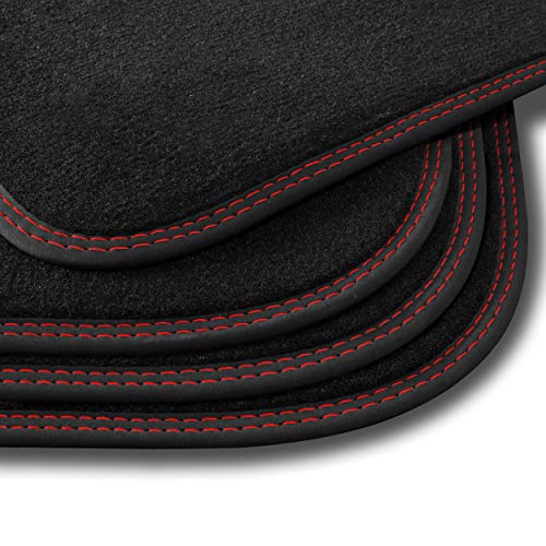 Bär-AfC RE62311 Premium Auto-Fußmatten Velours Schwarz, Nubuk Band Schwarz, Doppelnaht Rot + Rot, Set 4-teilig, Passgenau für Modell Siehe Details