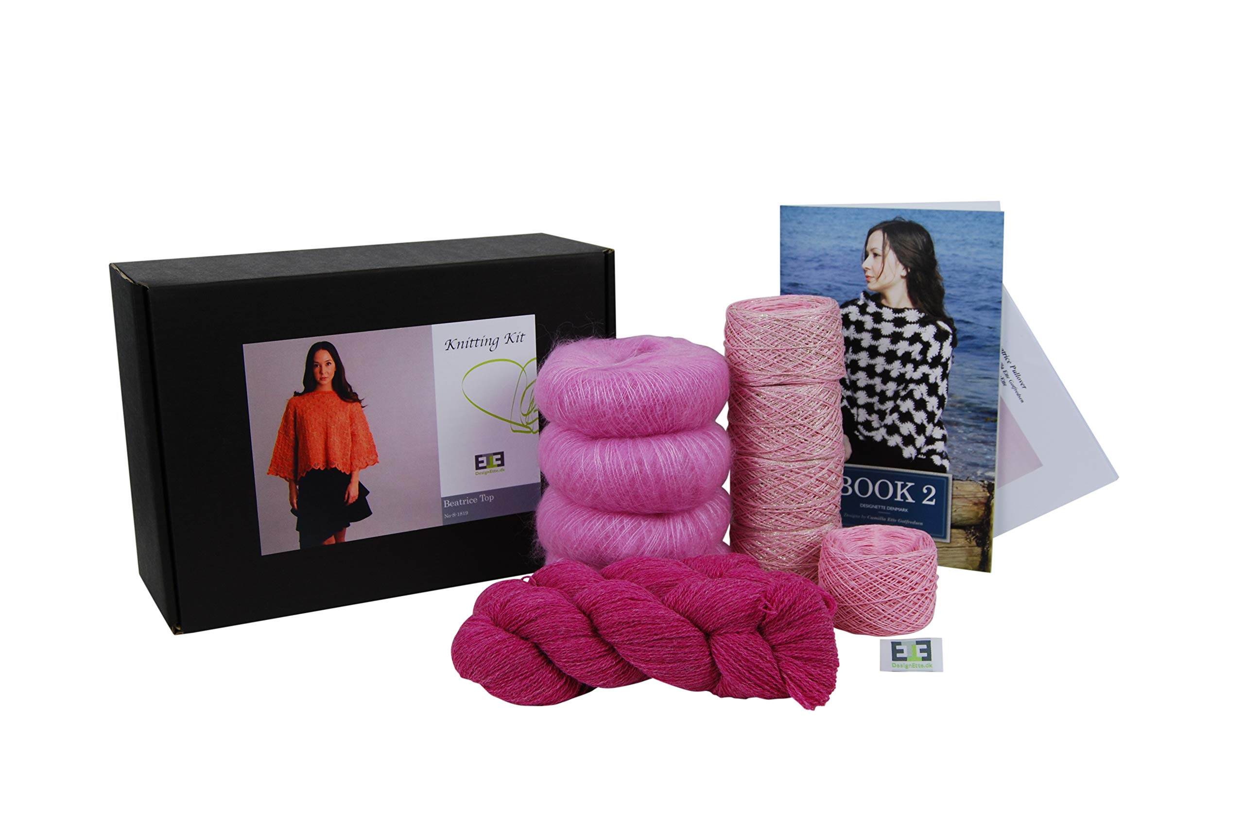 DesignEtte Strickset Beatrice Pullover Metallic Leinen Garn Super Kid Mohair Silk Blend Shetlands Wolle Pink Garn 2XL/3XL No-S-1819