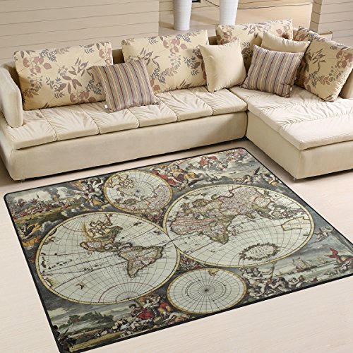Use7 Teppich für Wohnzimmer und Schlafzimmer, Motiv "Old Map of World Halbkugeln", 203 x 147,3 cm