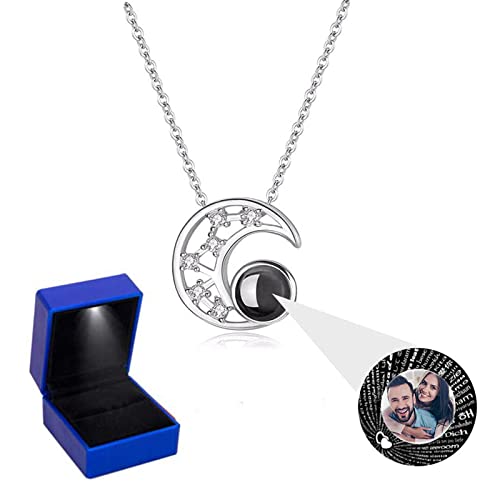YuMeng Personalised Photo Projection Necklace, 925 Sterling Silver Custom 100 Languages Projection Pendant Chain with Image Inside The Stone, Customisable Memento Jewellery Gifts for Women, Girls