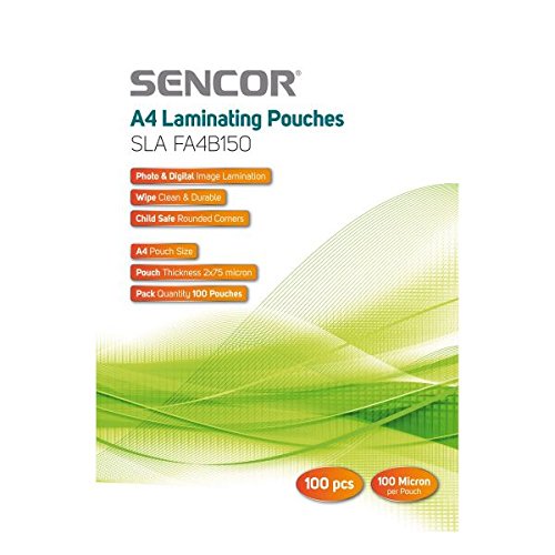 Sencor SLA FA4B150 A4-Laminierfolien, Foliengröße A4, Laminieren von Fotos, Bildern oder Dokumenten, Glänzend, transparent und dauerhaft, 150 mikron, 100 Stücke