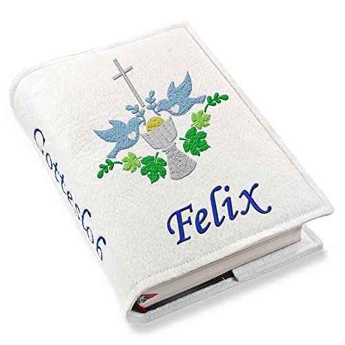 Gotteslob Gotteslobhülle Hülle Kelch blau Filz mit Namen bestickt Einband Umschlag personalisierte Gesangbuchhülle, Farbe:weiß
