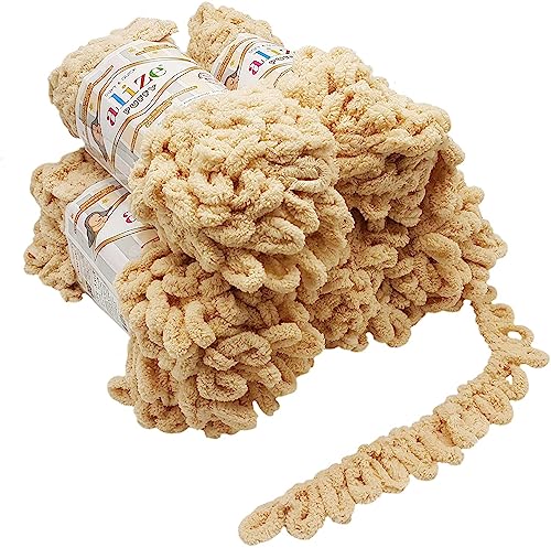 5 x 100 Gramm Strickwolle Alize Puffy, 500 Gramm Fingerstrick - Wolle super bulky, Schlaufenwolle, Stricken ohne Nadel (beige 310)