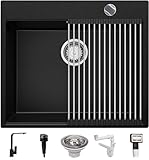 Küchenspüle Schwarz 58x50 cm, Spülbecken + Ablauf-Set (Drehknopf) + Küchenarmatur 8000, Granitspüle für 60er Unterschrank, Einbauspüle von Primagran