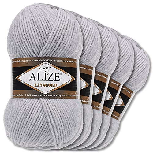 Alize 5 x 100 g Lanagold Wolle | 53 Auswahl | Stricken Häkeln Wolle (684 | Hellgrau Melange)