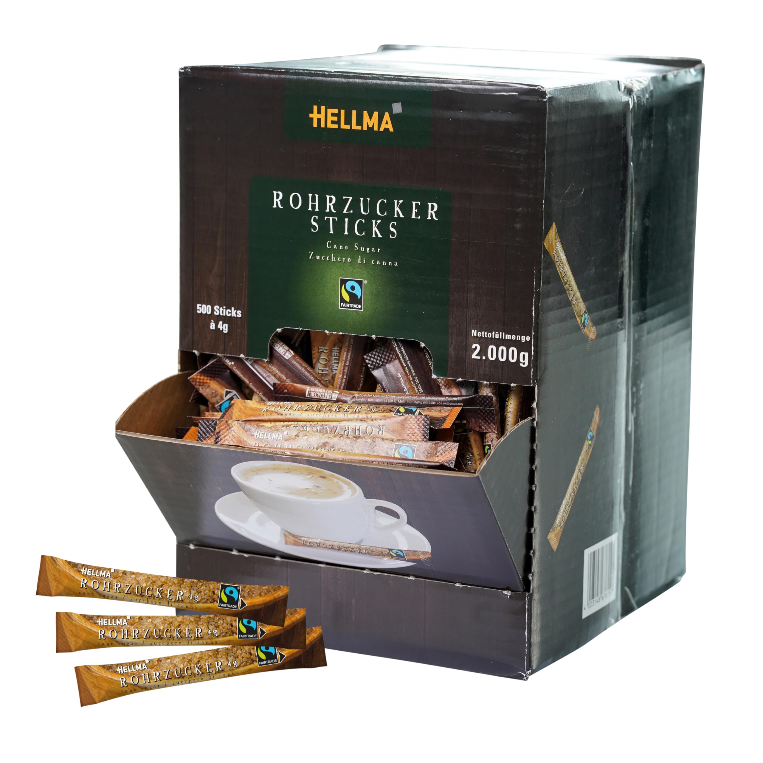 Hellma Fairtrade brauner Rohrzucker-Sticks 500 Stk. je 4 g - 2 kg Vorrats-Box - Zuckertütchen einzeln, für Kaffee, Tee