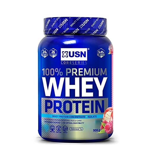 USN 100% Whey Protein: Premium Whey Protein Pulver, Isolat-Proteinpulvermischung für Muskelaufbau und -pflege, Erdbeere, 908 g