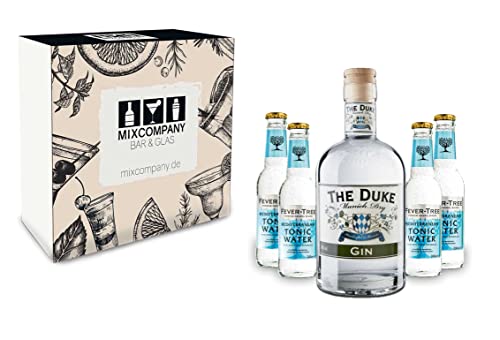 Gin Tonic Giftbox Geschenkset - The Duke Munich Dry Gin 0,7l 700ml (45% Vol) + 4x Fever Tree Mediterranean Tonic Water 200ml inkl. Pfand MEHRWEG + Geschenkverpackung