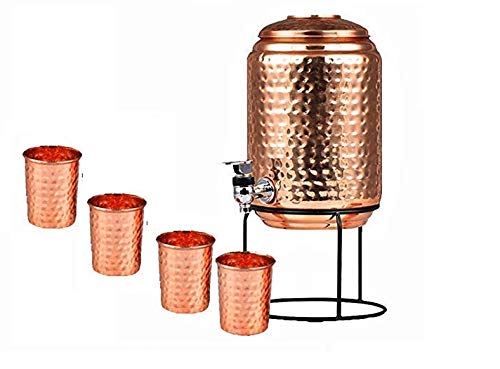 Wasserspender aus reinem Kupfer, gehämmert, mit Wasserhahn und 4er-Set Kupferglas, Wasserbehälter, 6,5 l Fassungsvermögen, 6,5 l
