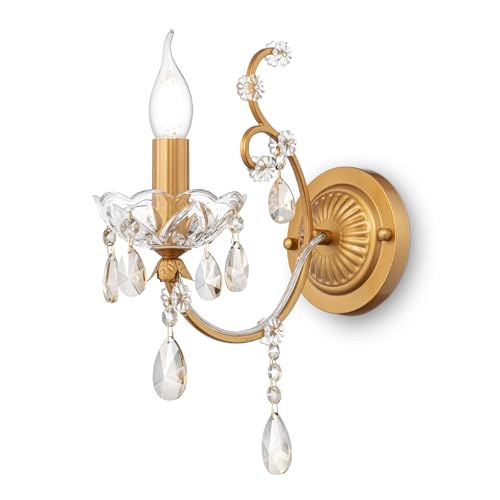 Luxuriöse antike Wandleuchte Kerze, Metall Gold Farbe, Glas und Kristall Dekor, 1-flammig, exkl. E14 60W