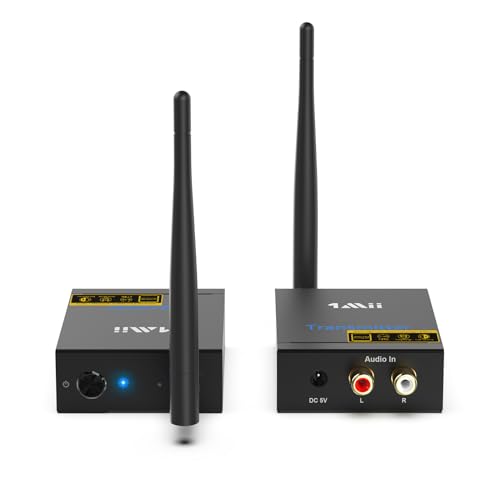 1Mii Wireless Sender Empfänger für Audio Musik, 2,4 GHz großer Reichweite Audio Transmitter und Receiver Kit geringe Verzögerung von TV/PC zu Aktivlautsprecher/Stereo/Subwoofer/CD, RCA Out/In, 320ft