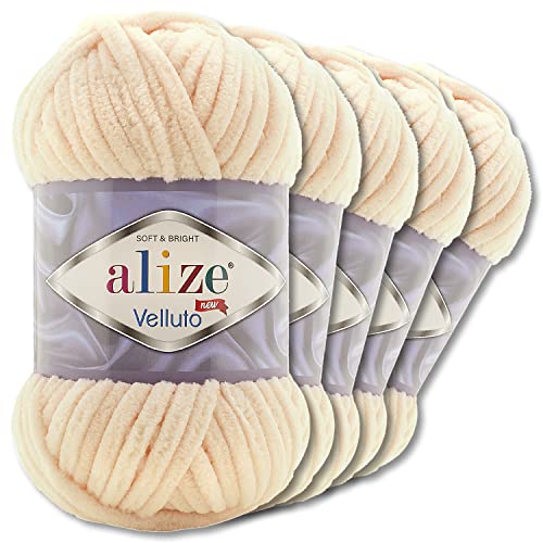 Wohnkult Alize 5x100 g Velluto Premium Wolle 30 Auswahl Chenillegarn Samtwolle Amigurumi Decken Accessore Kleidung DIY (310 | Honig)