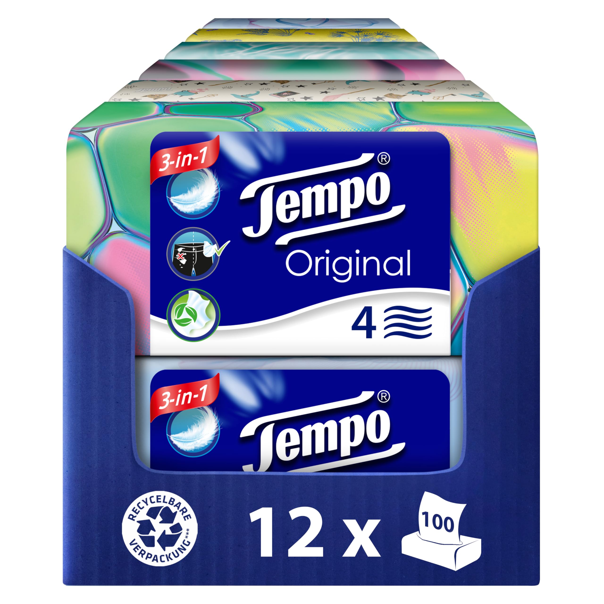 Tempo Original Taschentücher Box - Vorteilspack - 12 Boxen, 100 Tücher pro Box - extra starke, weiche Papiertaschentücher, waschmaschinenfest