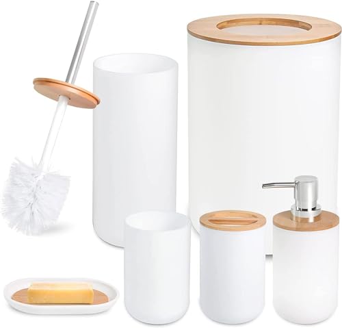Tiamu 6Teiliges Bambus Badezimmer Set weiß,Toilettenzubehhrset mit Lotionspender, Mülleimer, Zahnbürstenhalter, Toilettenbürste und Seifenschale, WC Brvste Badgarnitur