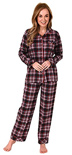 NORMANN-Wäschefabrik Damen Pyjama in Karo Optik zum durchknöpfen in Single Jersey Qualität - auch in Übergrößen, Farbe:rot, Größe:56-58