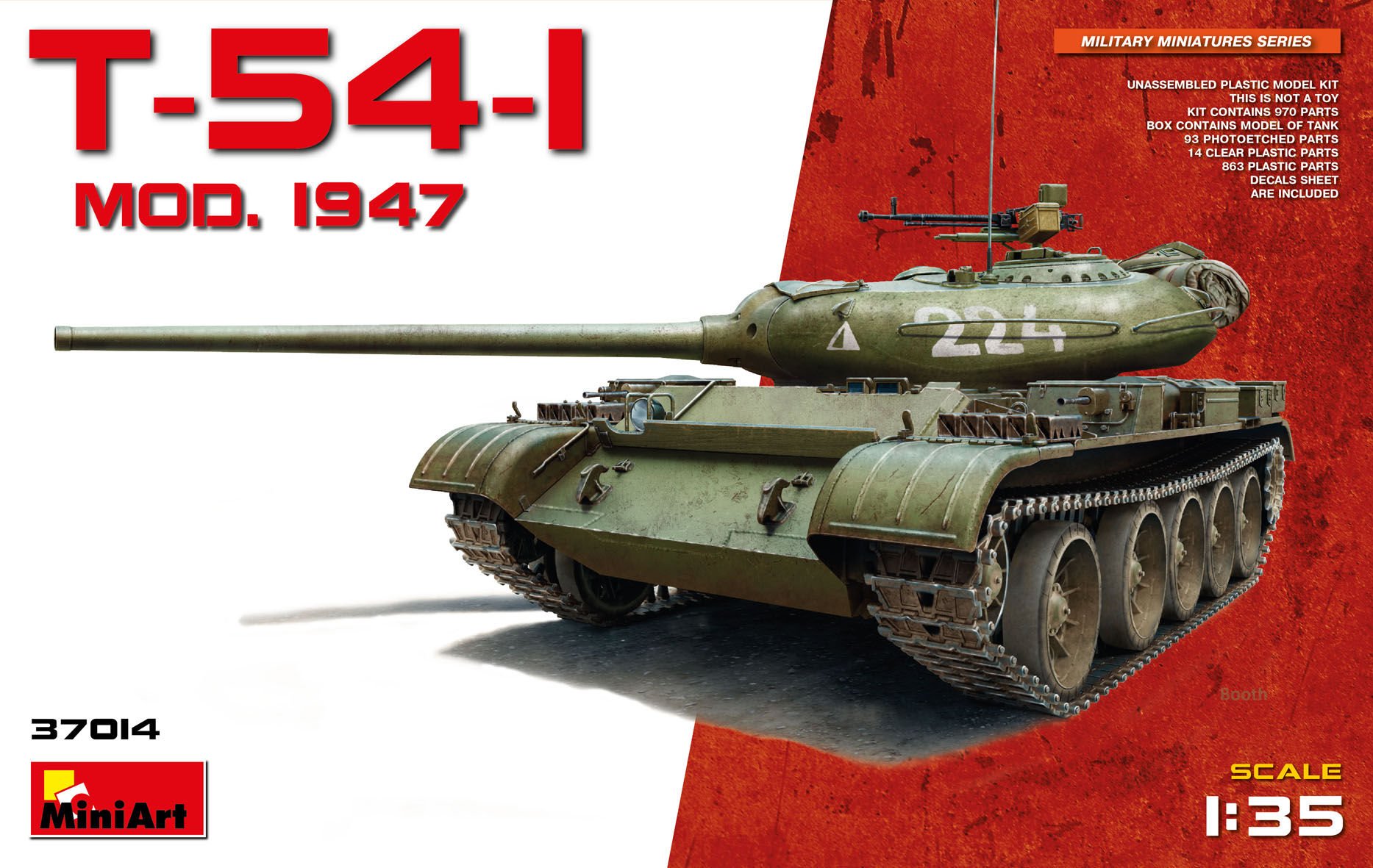 Mini Art 37014 1:35 T-54-1 Sov. Mittlerer Panzer-originalgetreue Nachbildung, Modellbau, Plastik Bausatz, Basteln, Hobby, Kleben, Modellbausatz, Zusammenbauen, unlackiert