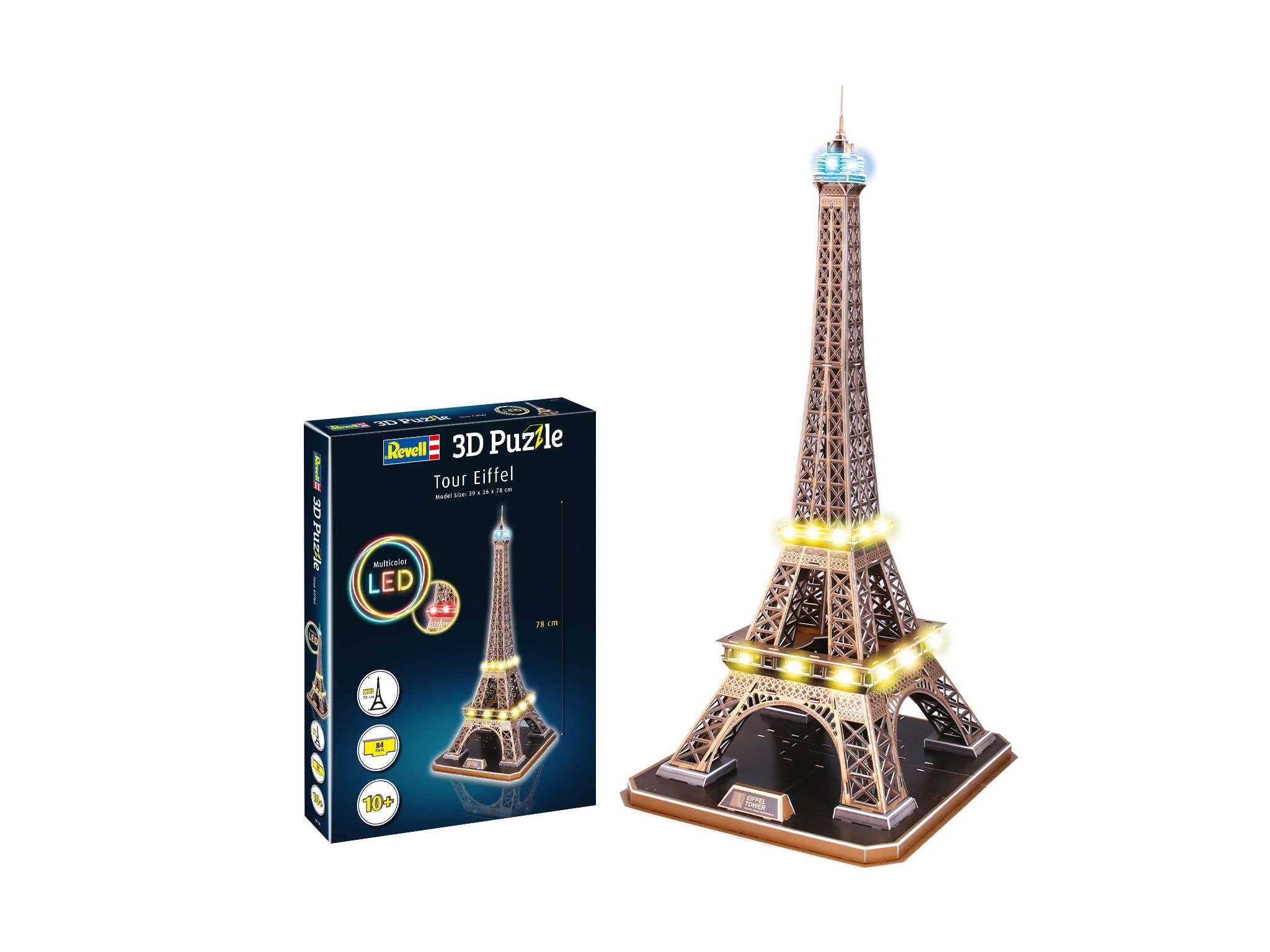 Revell 3D Puzzle 00150 I Eiffelturm Paris I 84 Teile I 4 Stunden Bauspaß für Kinder und Erwachsene I ab 10 Jahren I Mit LED Beleuchtung für einen authentische Präsentation