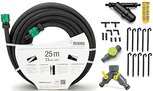 REHAU Tröpfchenbewässerung Set All-in-one: 25m Perlschlauch, Anschlussstücke, Befestigungsanker, Wasserfilter, Durchflussminderer, 2-Wege-Verteiler | Tropfschlauch Bewässerung