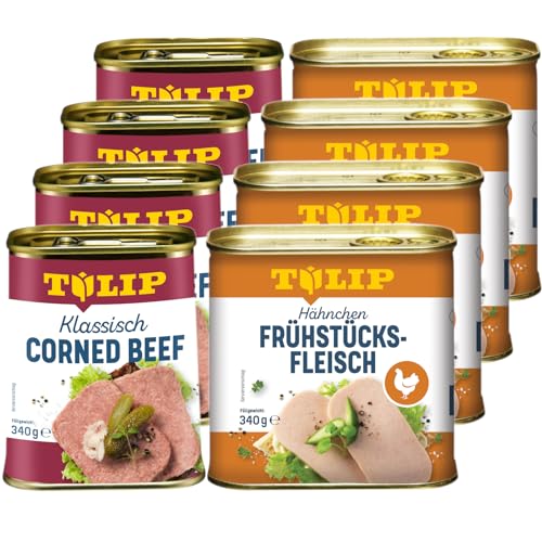 TULIP 4x Klassisches Corned Beef 340g + 4x Hähnchen-Frühstücksfleisch 340g | leckeres Rinder und Hähnchenfleisch | 98% Rindfleisch und 80% Hühnerfleisch