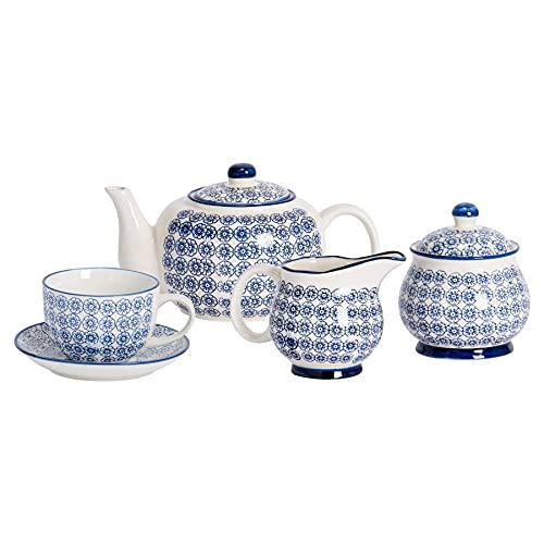 Nicola Spring 15 Stück Hand Printed Tee-Set - Patterned Porzellan-Teekanne Cups Untertassen Milchkännchen Zuckerdose - Navy