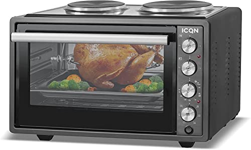ICQN 42 Liter Mini-Backofen mit 2 Kochplatten und Umluft | Innenbeleuchtung | Pizza-Ofen | Doppelverglasung | Gitterrost | Timer Funktion | Emailliert