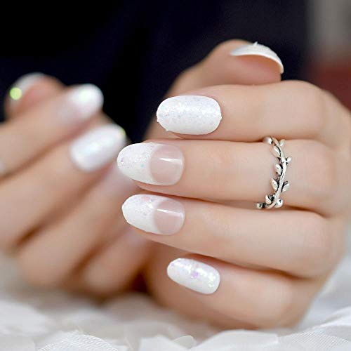 CSCH Künstliche Nägel Natürliche 24-teilige weiße kurze Nagel Pailletten ovale kleine französische Nägel transparente Modespitzen mit klebrigen Aufklebern