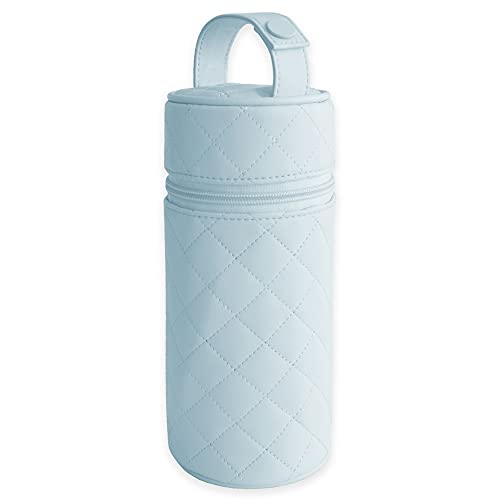 Duffi Baby Flaschenhalter aus Kunstleder für Baby, Thermotasche, warm und kalt, isoliert, für Flaschen oder Thermoskanne, Reißverschluss und Griff, einfache Reinigung, Kollektion Lux Blau.